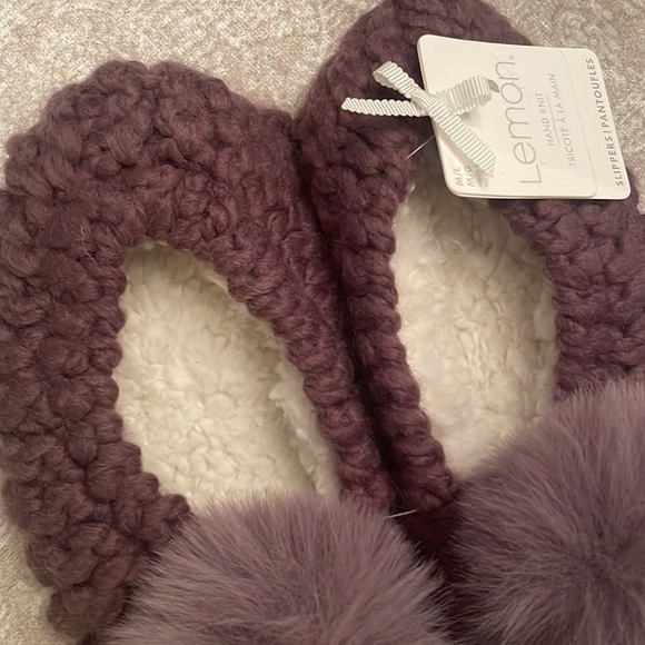 Brand New Lemon Popcorn Pom Pom Ballerina Slippers Knit Slip On Sherpa Purple - Picture 3 of 10